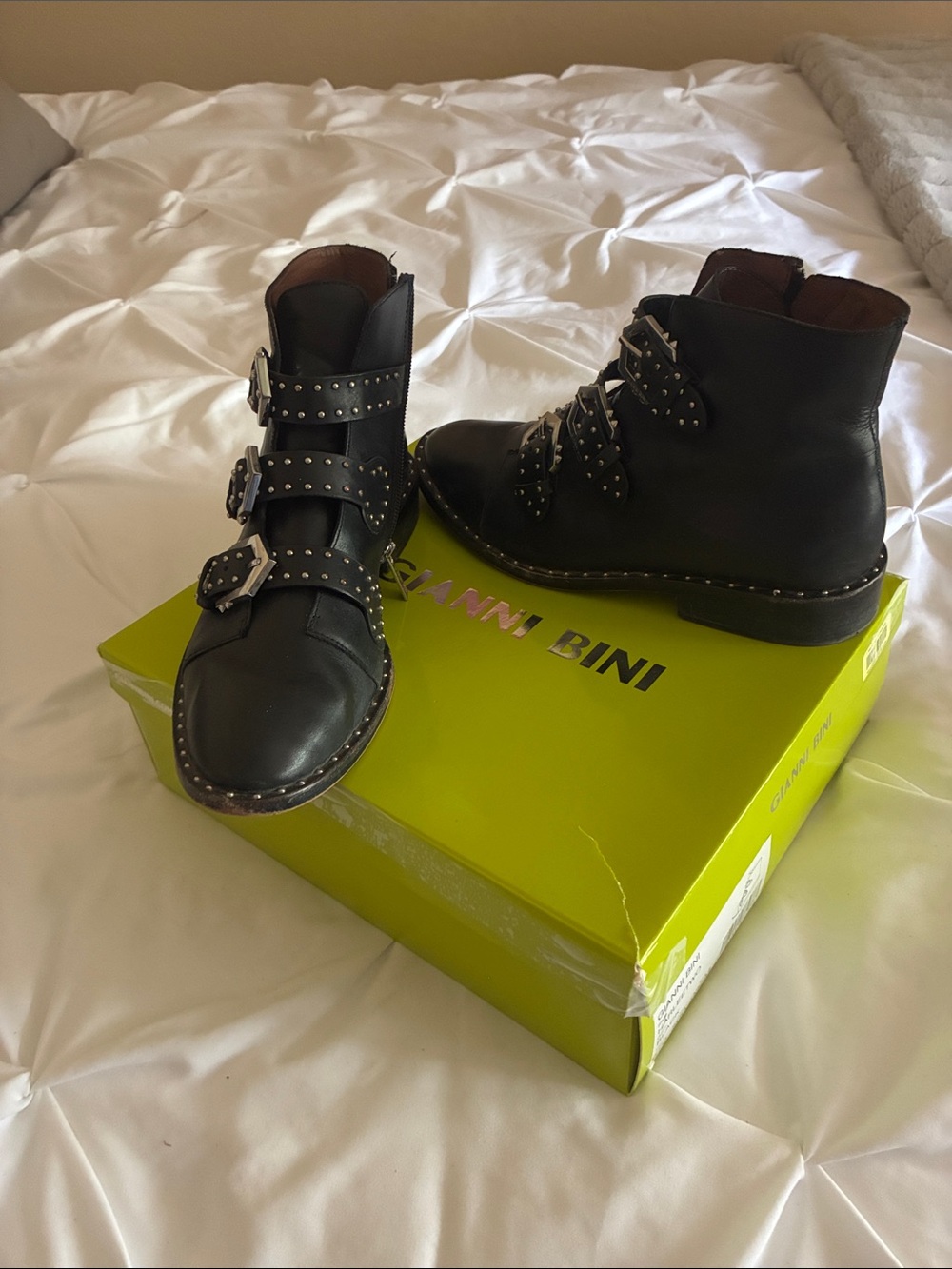 Gianni Bini Black Studded Buckle Lace-Up Ankle Boots
